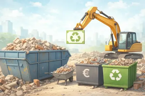 Bagger hebt Recycling-Symbol über Bauschutt. Container für Bauschutt entsorgen und Geld symbolisieren.