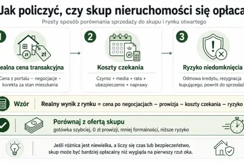 Schemat porównuje sprzedaż nieruchomości na rynku otwartym ze skupem. Analizuje cenę transakcyjną, koszty czekania i ryzyko. Porównanie z ofertą skupu pokazuje, że może być opłacalne przy pierwszym mieszkaniu.