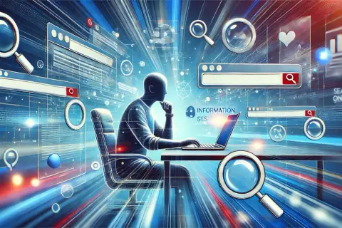 Człowiek siedzi przy laptopie, otoczony ikonami wyszukiwania informacji w internecie.