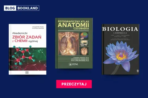 Okładki książek: zbiór zadań z chemii, atlas anatomii człowieka, biologia.