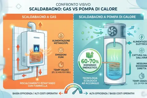 Confronto visivo: scaldabagno a gas con fiamma e fumi, vs pompa di calore elettrica. Differenza tra caldaia e scaldabagno: efficienza e costi.