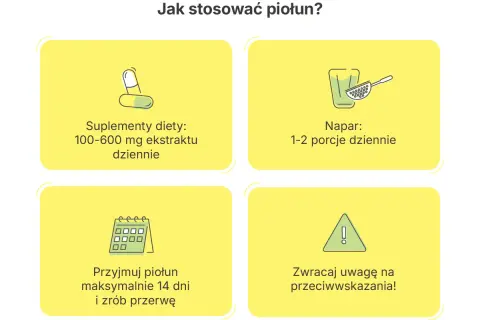 Piołun właściwości: dawkowanie suplementów (100-600 mg), naparu (1-2 porcje), czas stosowania (max 14 dni) i przeciwwskazania.
