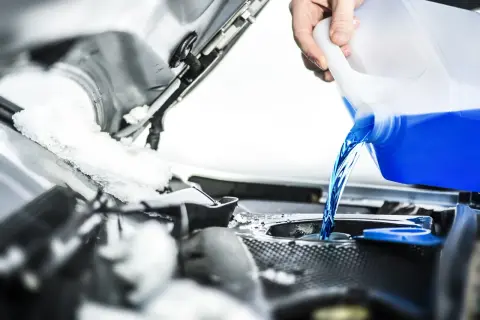 Versare liquido blu brillante nel serbatoio, notando la differenza colore liquido radiatore. C'è neve sul cofano.