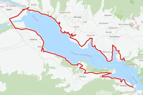 Mapa z zaznaczoną trasą rowerową wokół Jeziora Czorsztyńskiego, łączącą Szczawnicę i Czorsztyn.