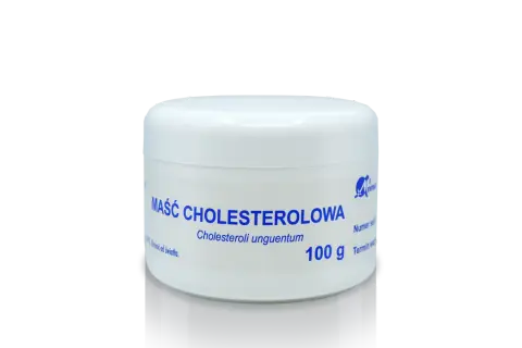 Biały słoiczek z niebieskim napisem "MAŚĆ CHOLESTEROLOWA" i informacją o wadze 100 g.