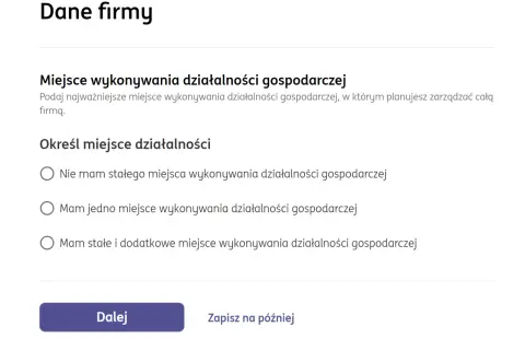 Formularz "Dane firmy" pyta o miejsce wykonywania działalności gospodarczej. Można wybrać opcję braku stałego miejsca, jednego miejsca lub wielu miejsc.
