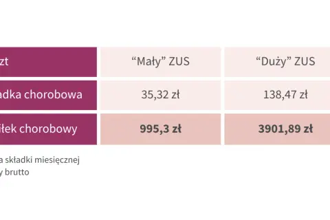 Tabela porównuje koszty "Małego" i "Dużego" ZUS: składkę chorobową i zasiłek chorobowy. Kwoty brutto są tu uposażone.