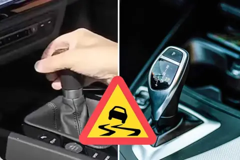 Vänster bild visar en hand som växlar manuellt, höger en automatisk växelspak. Varning för halt väglag.