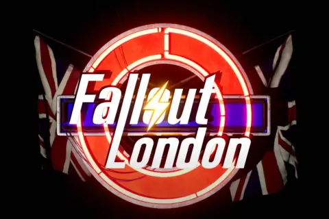 Das Logo "Fallout London" mit britischen Flaggen und einem roten Neonring. Ein Blitz ziert das Wort "Fallout".