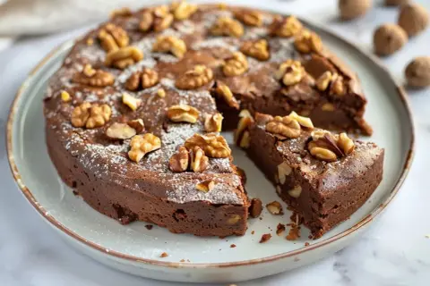 En saftig kladdkaka med valnötter, pudrad med florsocker. Perfekt för att frysa in och njuta av senare.