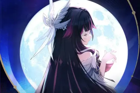 Anime-Figur mit langen schwarzen Haaren und einem weißen Kopfschmuck vor einem großen Mond. Genshin Leaks zeigen neue Charaktere.