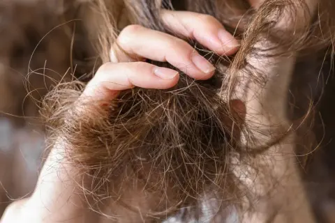 Mano acariciando un mechón de pelo seco y enredado, mostrando la textura áspera y las puntas abiertas.