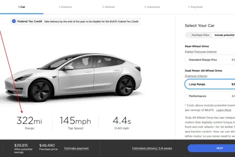 Tesla Model 3 Long Range: 322 mil zasięg, 145 mph prędkość maksymalna, 4.4s do 100 km/h. Cena $39,815.