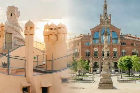 Zjawiskowy recinte modernista de Sant Pau, z fantazyjnymi kominami i ceglanym budynkiem z zegarem, w blasku słońca.