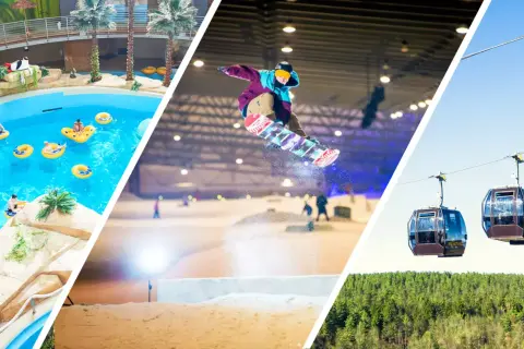 Kolejka linowa w Druskiennikach, snowboardzista w powietrzu i basen z palmami.