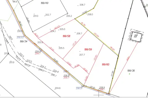 Plan podziału działki 199/58, 199/59, 199/60. Widoczne granice, wymiary i punkty wysokościowe.