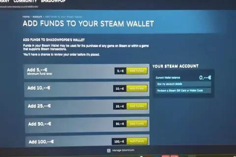 Ekran Steam z opcjami dodawania środków do portfela: 5, 10, 25, 50, 100 euro.