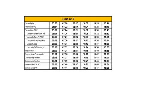 Rozkład jazdy linia 7 Pruszków: odjazdy z Tyrowa Pętla o 05:55, 07:20, 08:17, 10:02, 13:26, 15:44.
