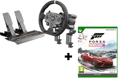 Kierownica wyścigowa MOZA z pedałami i grą Forza Horizon 6 na Xbox Series X. Dowiedz się, jak podłączyć kierownicę do Xboxa, by poczuć się jak prawdziwy kierowca.