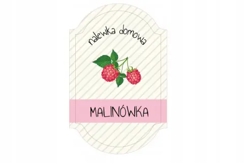 Etykiety na nalewki do druku z malinami i napisem "Malinówka". Idealne do domowych przetworów.