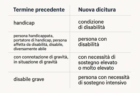 Tabella che illustra la differenza tra handicap e disabilità, mostrando l'evoluzione dei termini e delle definizioni.