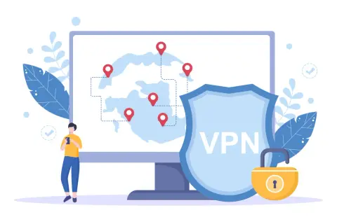 Zdalny dostęp do sieci domowej z VPN. Mapa z pinezkami, tarcza z napisem VPN i kłódka symbolizują bezpieczeństwo.