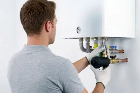 Tecnico installa componente su caldaia, assicurando la garanzia condizionatori.