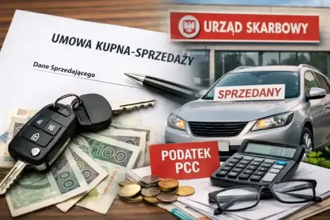 Umowa kupna-sprzedaży auta, kluczyki, pieniądze i tabliczka "Podatek PCC" przed Urzędem Skarbowym. To symbolizuje podatek od wzbogacenia auto.