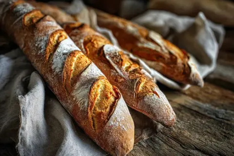 Tre nybakade baguetter på en linneduk. Perfekt för ett enkelt baguette recept.