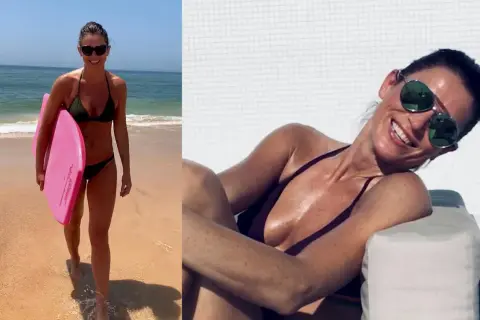 Tomasz Lis partnerka na plaży z deską surfingową i przy basenie w okularach przeciwsłonecznych.