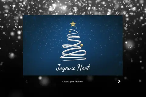 Arbre de Noël stylisé sur fond bleu, avec des flocons de neige. Parfait pour des textes de Noël familiaux. Joyeux Noël !