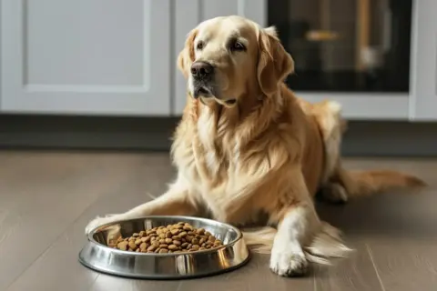 Piękny golden retriever leży obok miski pełnej karmy, czekając cierpliwie na posiłek.