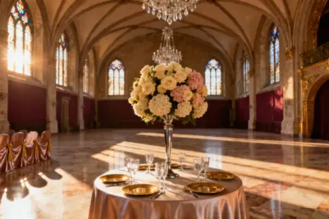Elegancka sala balowa przygotowana na wesele na 50 osób. Stół z kwiatami i zastawą, rzędy krzeseł w satynowych pokrowcach.