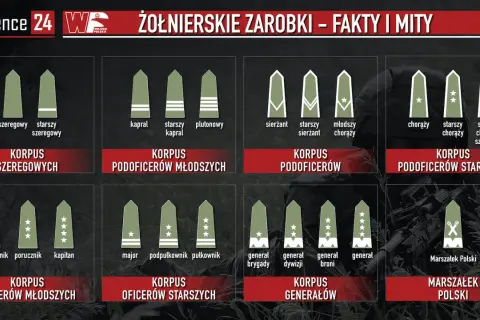 Grafika przedstawia stopnie wojskowe i korpusy, ilustrując zarobki w wojsku. Od szeregowego do Marszałka Polski.