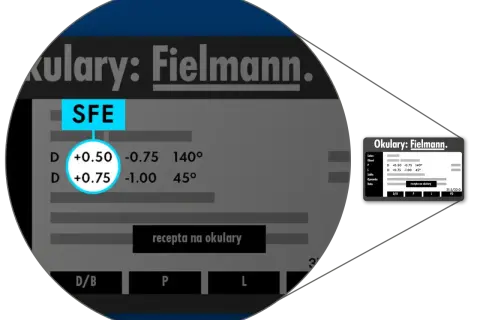 Na recepcie okularowej Fielmann widać parametry soczewek, np. D +0.50. SFE to skrót od "sfera", czyli moc soczewki.