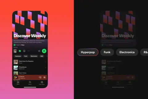 Spotify's Discover Weekly playlist, showcasing new music genres like Hyperpop, Funk, and Electronica.