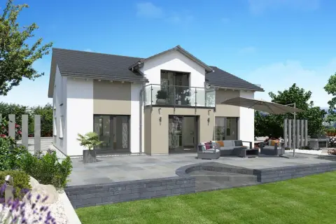 Modernes Haus mit Zwerchgiebel und Satteldach, Terrasse mit Lounge-Möbeln und Grillplatz im Garten.