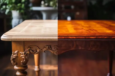 Comparaison avant/après d'un meuble en merisier poncé, révélant sa beauté naturelle sous un vernis profond et chaleureux.