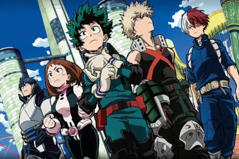 Helden aus My Hero Academia Staffel 8 stehen vor futuristischen Gebäuden. Deku, Bakugo und Todoroki sind prominent vertreten.