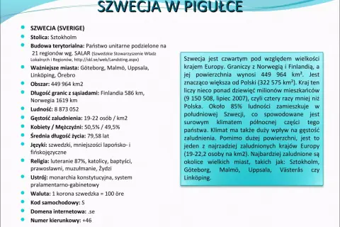 Szwecja: stolica Sztokholm, monarchia konstytucyjna, demokracja. Gęstość zaludnienia 19-22 os/km².