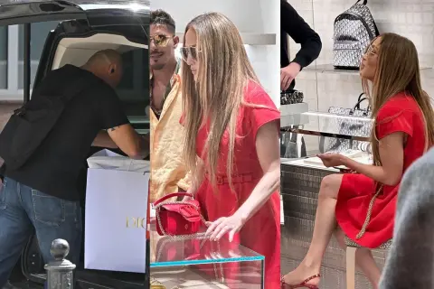 Gwiazdy kupują luksusowe przedmioty za pierwszą wypłatę. Jennifer Lopez w czerwonej sukience w butiku Dior.