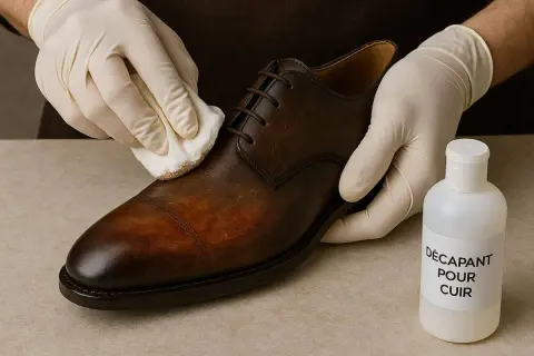 Mains gantées appliquant un produit pour nourrir chaussure cuir naturellement. Un flacon de décapant pour cuir est à côté.