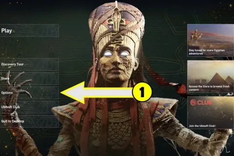 Menu główne gry z opcją "Play", nawiązujące do klimatu Assassin's Creed 1 spolszczenie. Widoczna postać w staroegipskim stroju.