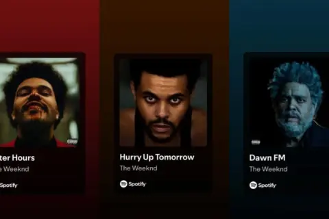 Okładki albumów The Weeknd: "After Hours", "Hurry Up Tomorrow" i "Dawn FM" na Spotify.