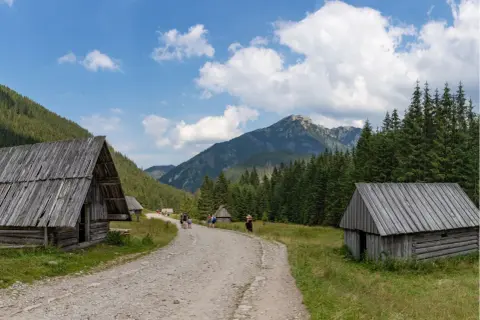 Kamienista ścieżka prowadzi przez Dolinę Chochołowską. Po bokach stoją drewniane szałasy, a w oddali widać góry i las.