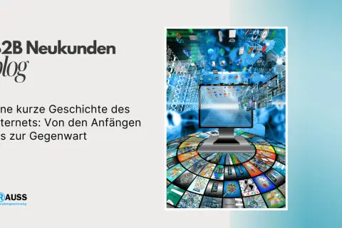 Eine visuelle Reise durch die Geschichte des Internets, von seinen Anfängen bis heute, mit vielen Bildschirmen und Daten.