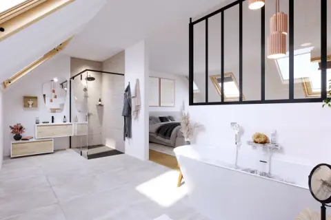 Élégante salle de bain wabi sabi avec baignoire, douche, et vue sur une chambre. Ambiance zen et épurée.