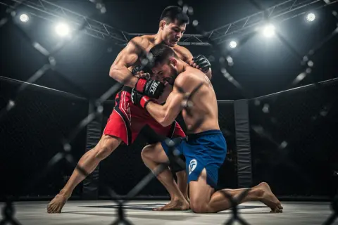 Two MMA fighters grapple in a cage. This intense scene shows the dedication required for how to train for a fight.