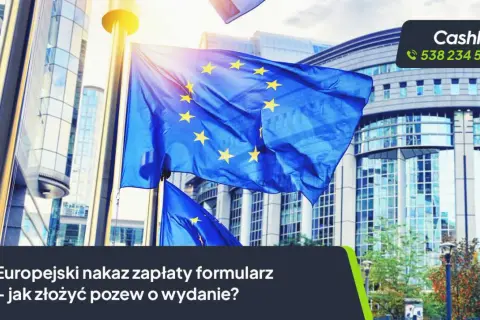 Flaga UE przed budynkiem Parlamentu Europejskiego. Informacja o europejski nakaz zapłaty.