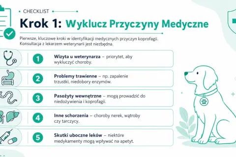 Lista kontrolna: Krok 1 - medyczne przyczyny nietrzymania kału u psa. Wizyta u weterynarza, problemy trawienne, pasożyty, schorzenia i skutki uboczne leków.